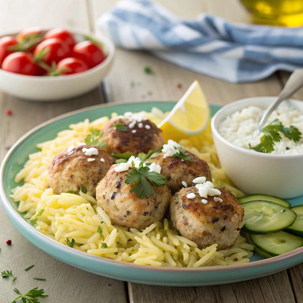 Greek Chicken Meatballs with Lemon Orzo
